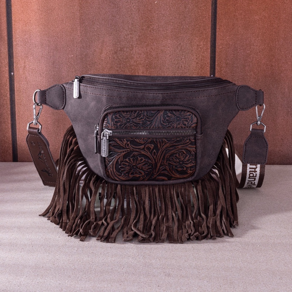 Montana West Floral Tooled Fringe Fanny Pack - Coffee